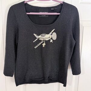 Michael Simon New York Medium Sweater Beaded Airplane Sparkly Black Silver